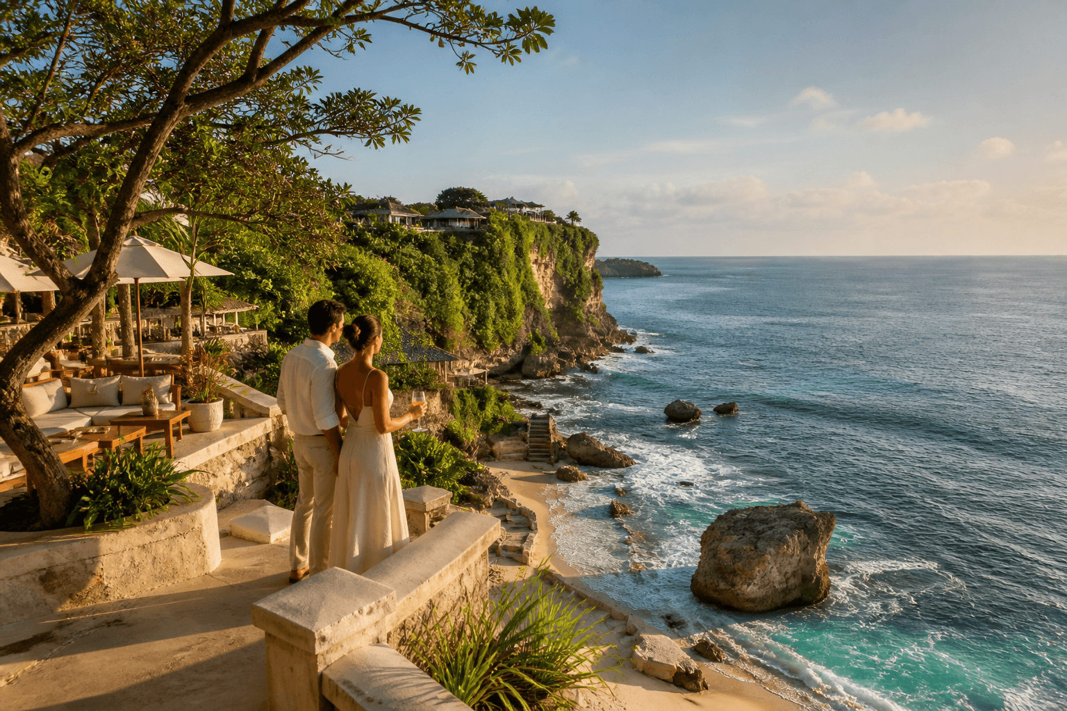 Bali cliffside retreat overlooking the ocean at golden hour