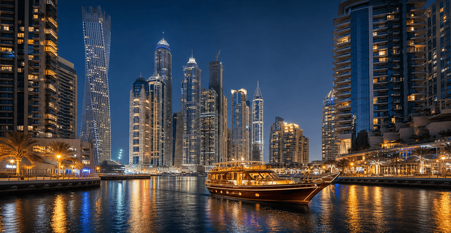 Dubai Marina skyline at blue hour with a lit dhow on the water