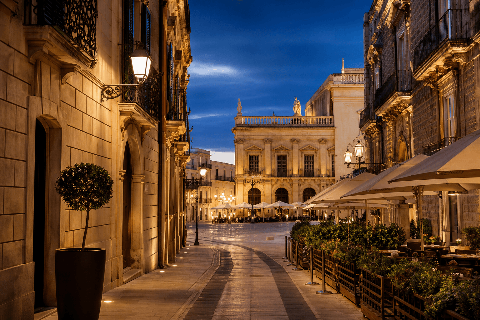 Elegant European promenade at blue hour with warm cafe lights