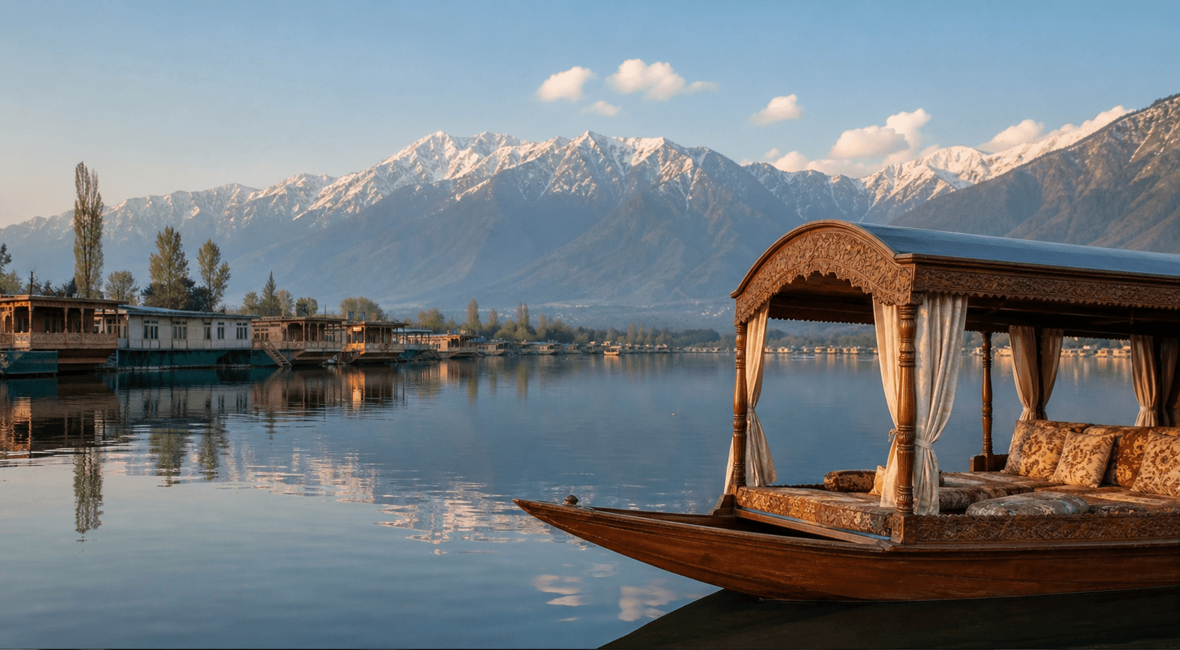 Traditional shikara on Dal Lake with Kashmir mountains behind