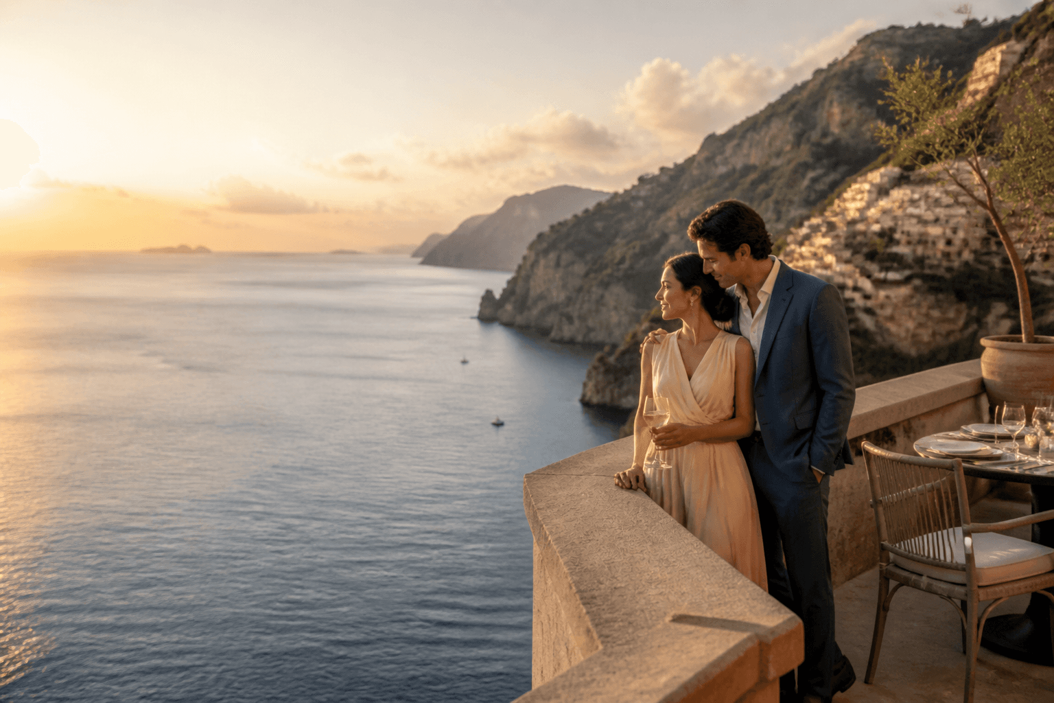 Couple enjoying a romantic coastal sunset from an elevated terrace